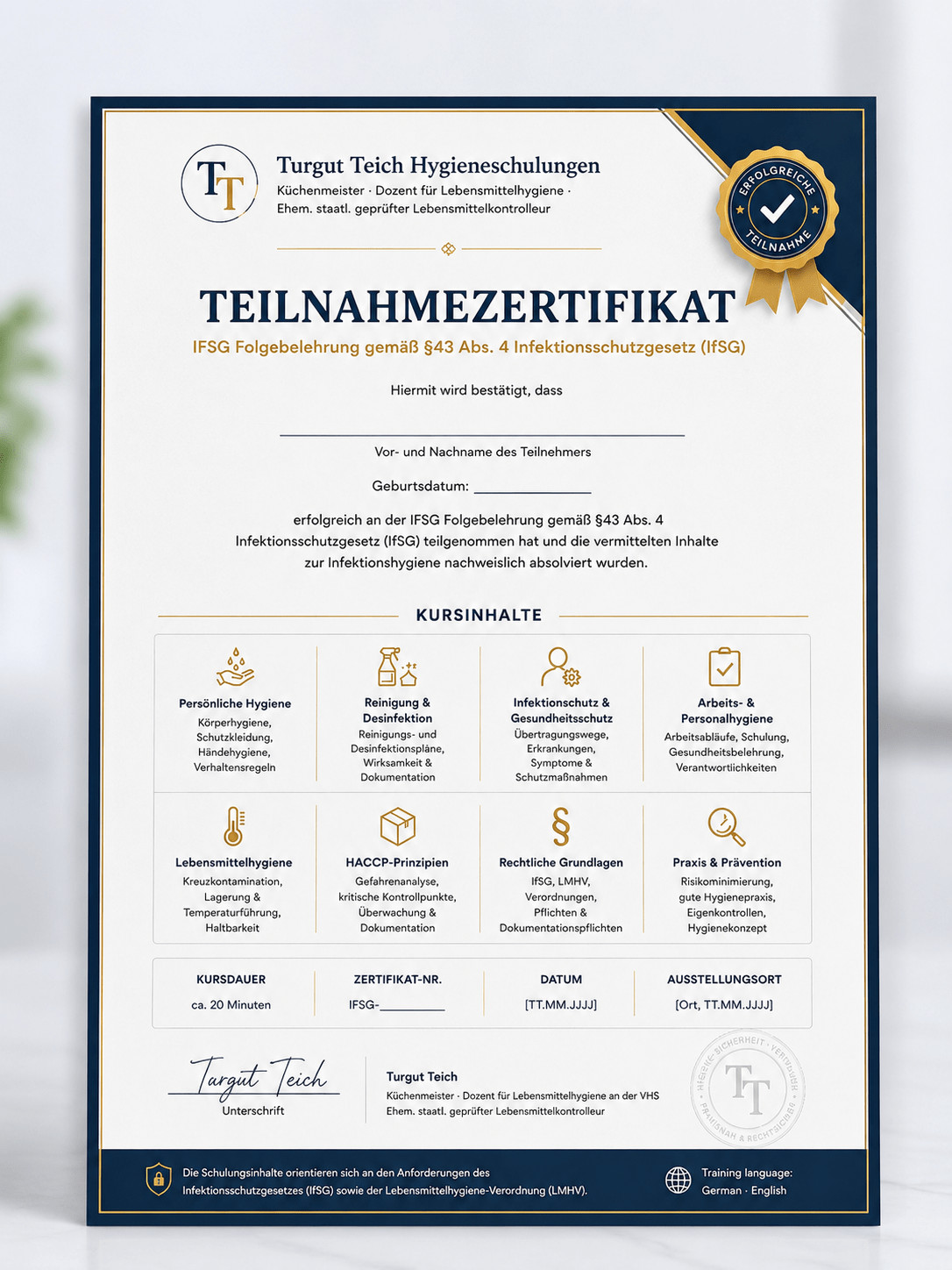 Teilnahmebescheinigung zur IfSG-Folgebelehrung nach § 43